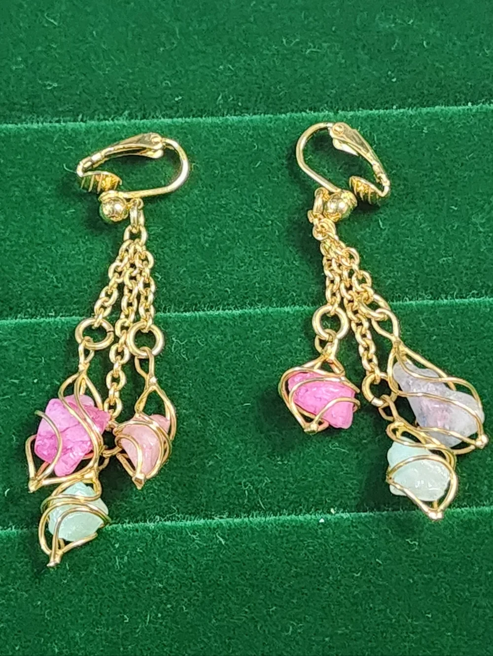 Boho dangle earrings natural stone chips wire wrapped gold tone leverback